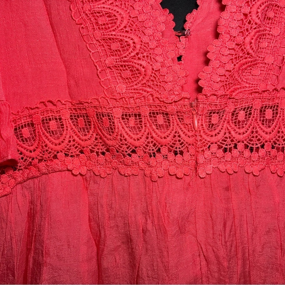 Wishlist Apparel Lace Insert Coral Dress size Large NEW Bohemian Ruffle V Neck - Picture 6 of 10